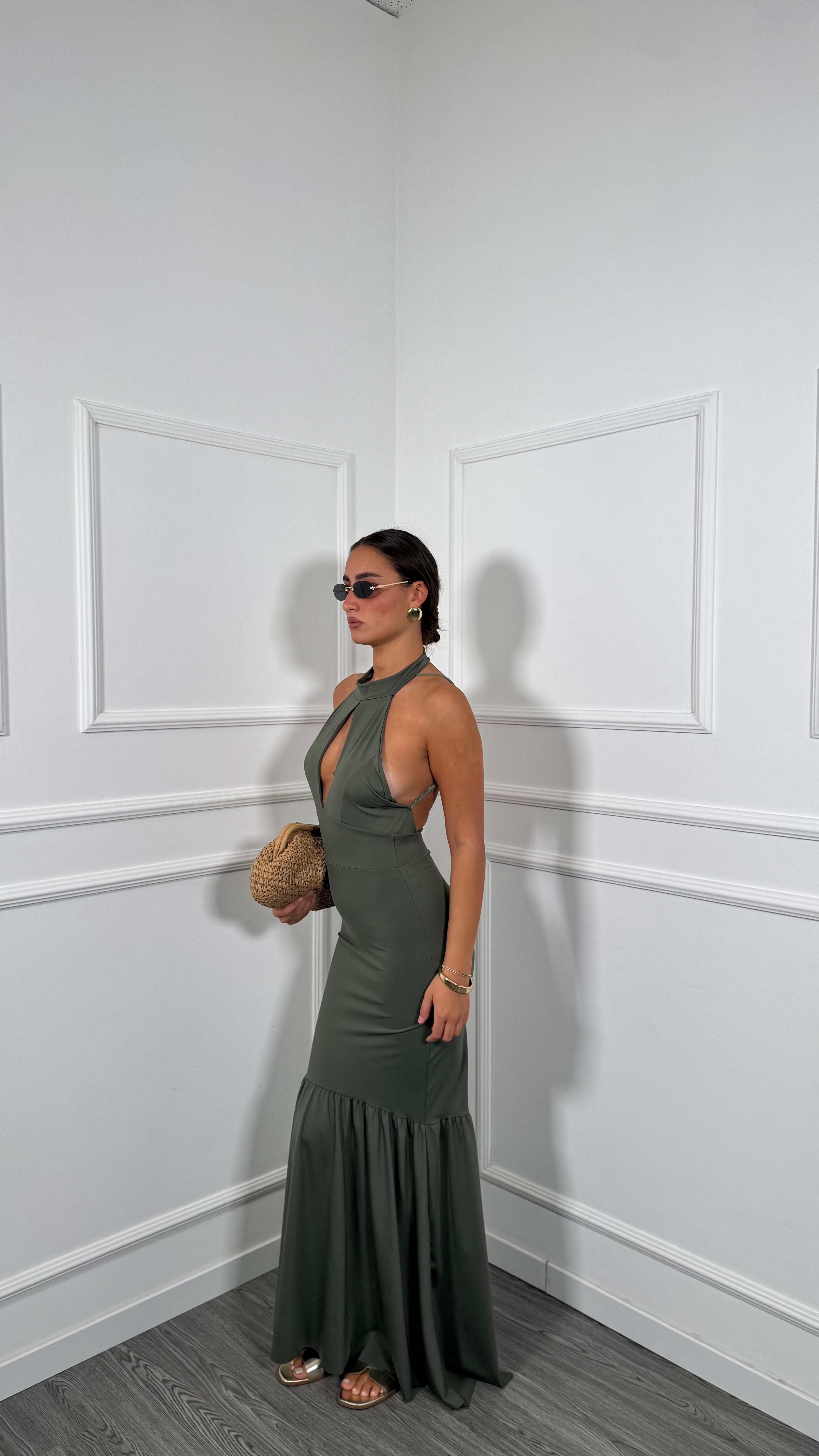 Abito lungo in lycra scollo sul retro Encantada verde militare 22817