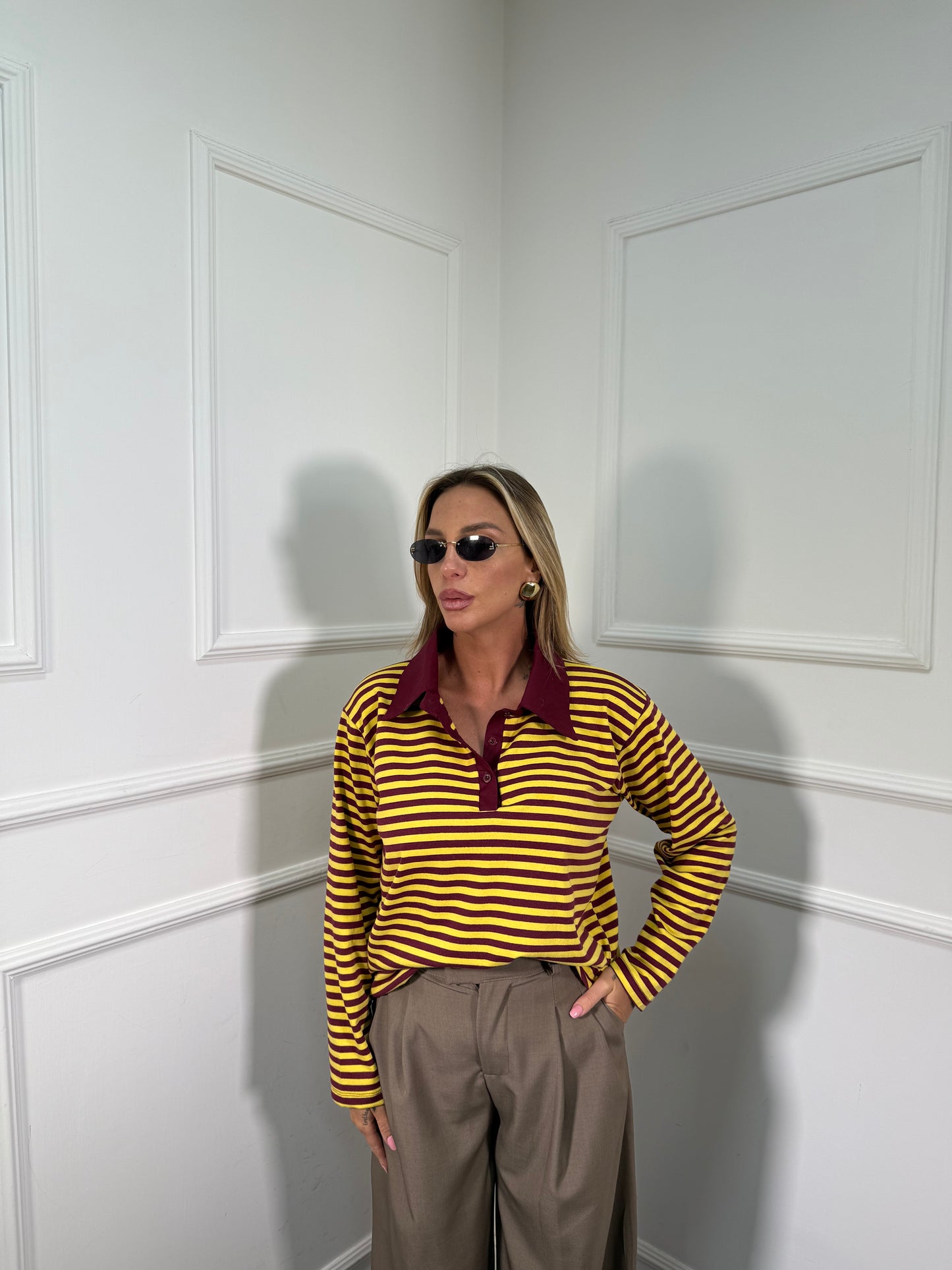 Polo a righe in cotone City vinaccia/giallo 22645