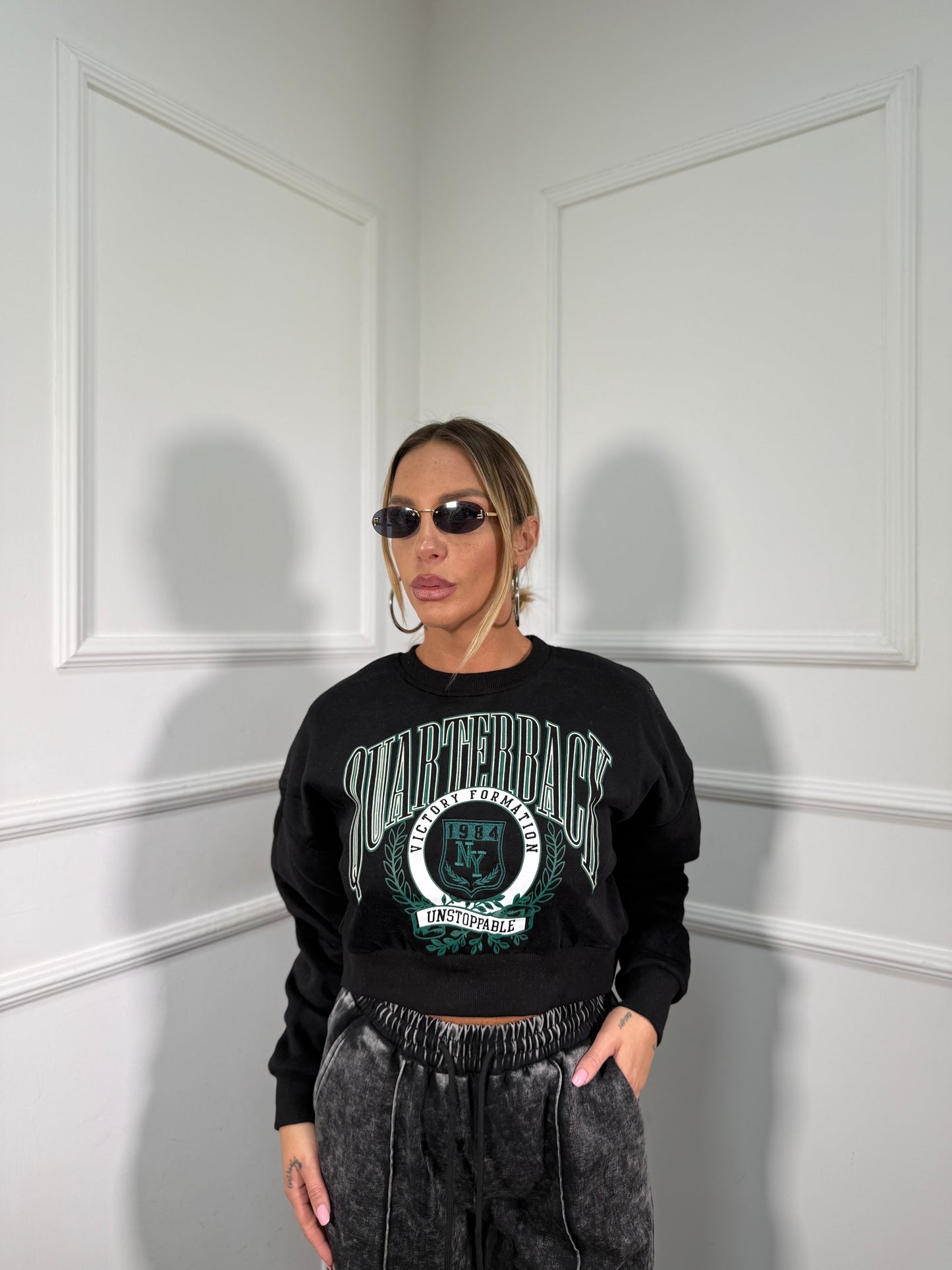 Felpa crop in pile Quaterback nera a65100