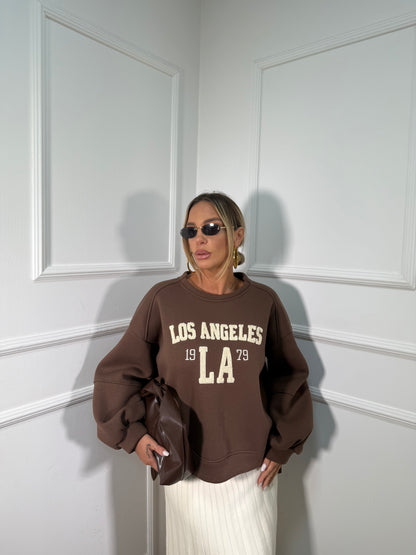Felpa oversize manica balloon in pile Los Angeles cacao r50369
