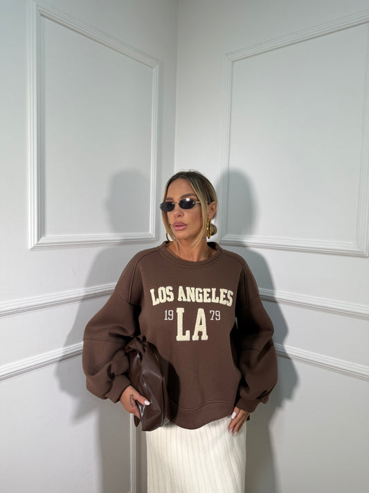 Felpa oversize manica balloon in pile Los Angeles cacao r50369