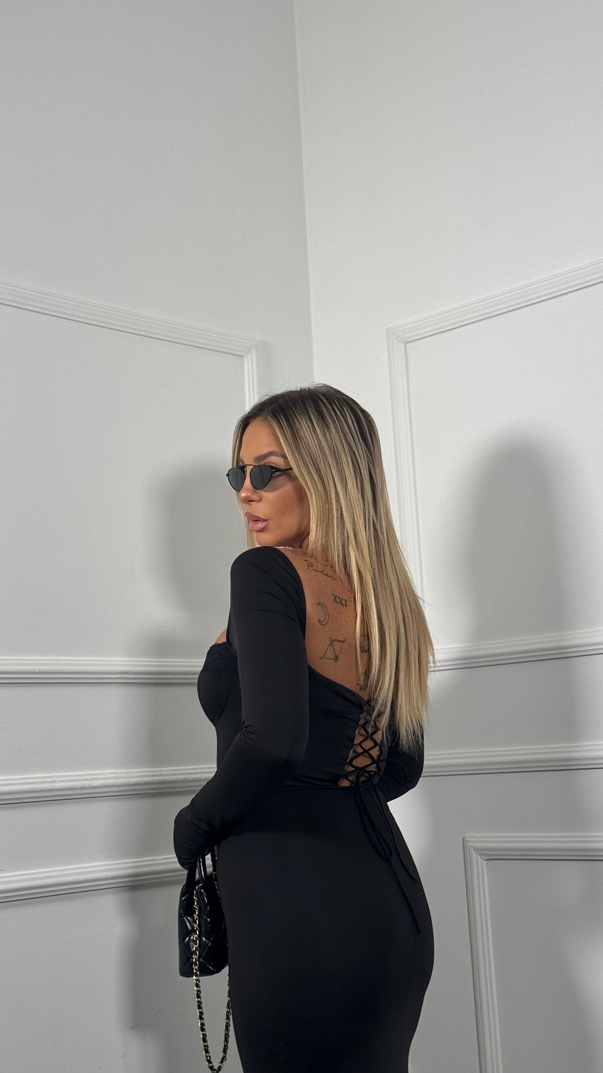 Abito lungo in lycra dettaglio in pizzo Female nero 6148
