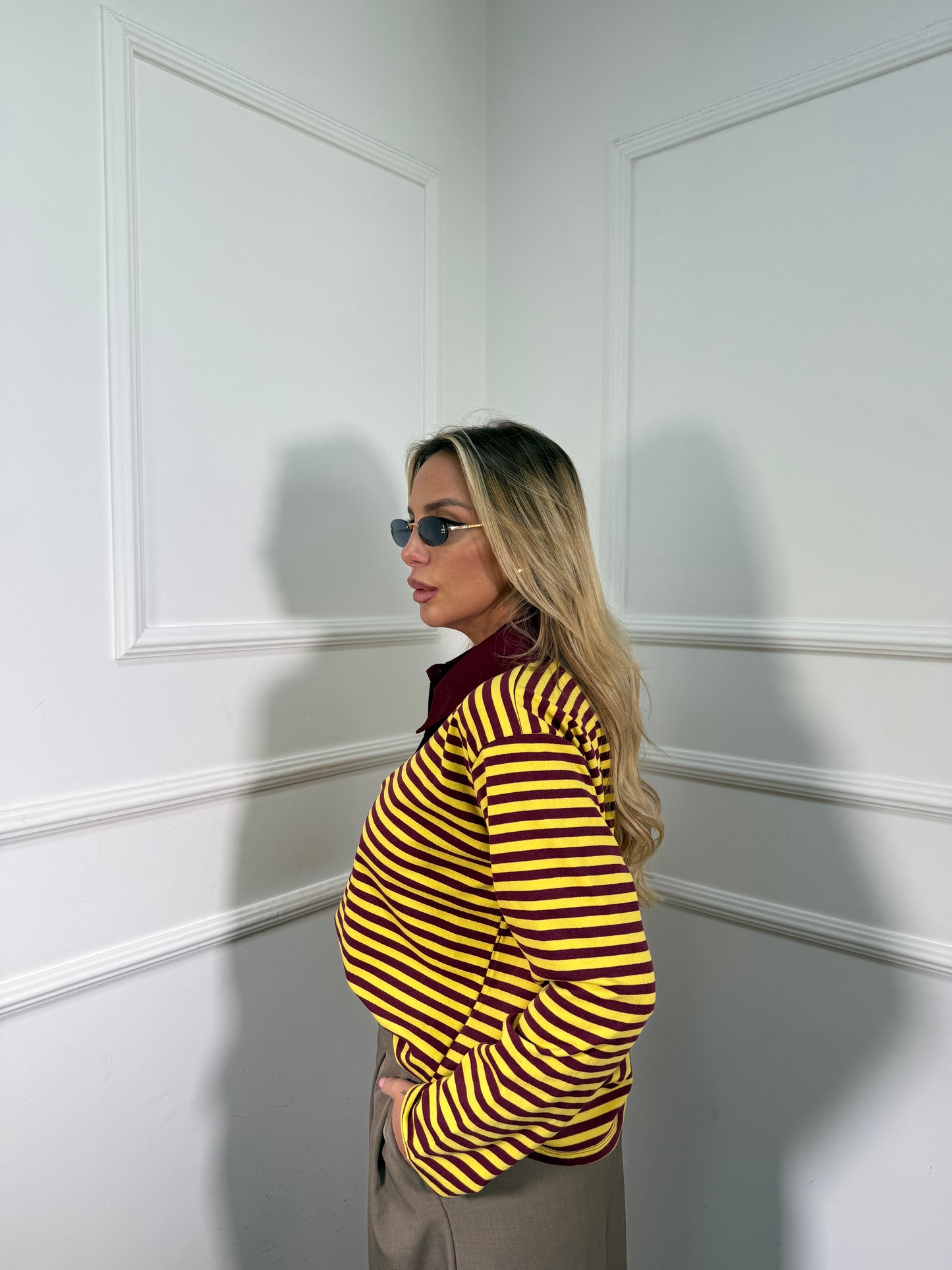 Polo a righe in cotone City vinaccia/giallo 22645