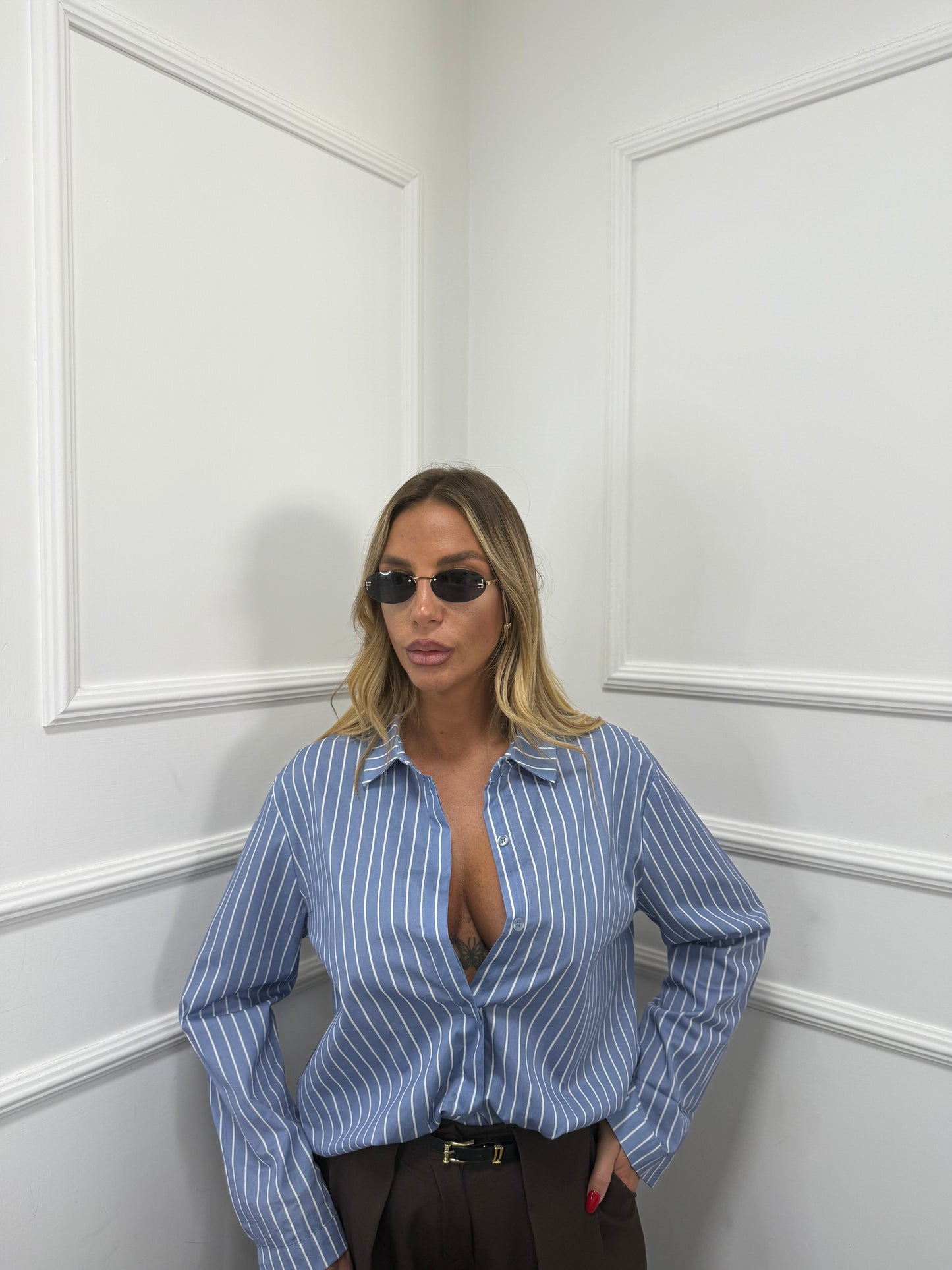 Camicia in cotone oversize a righe Today azzurra/bianca