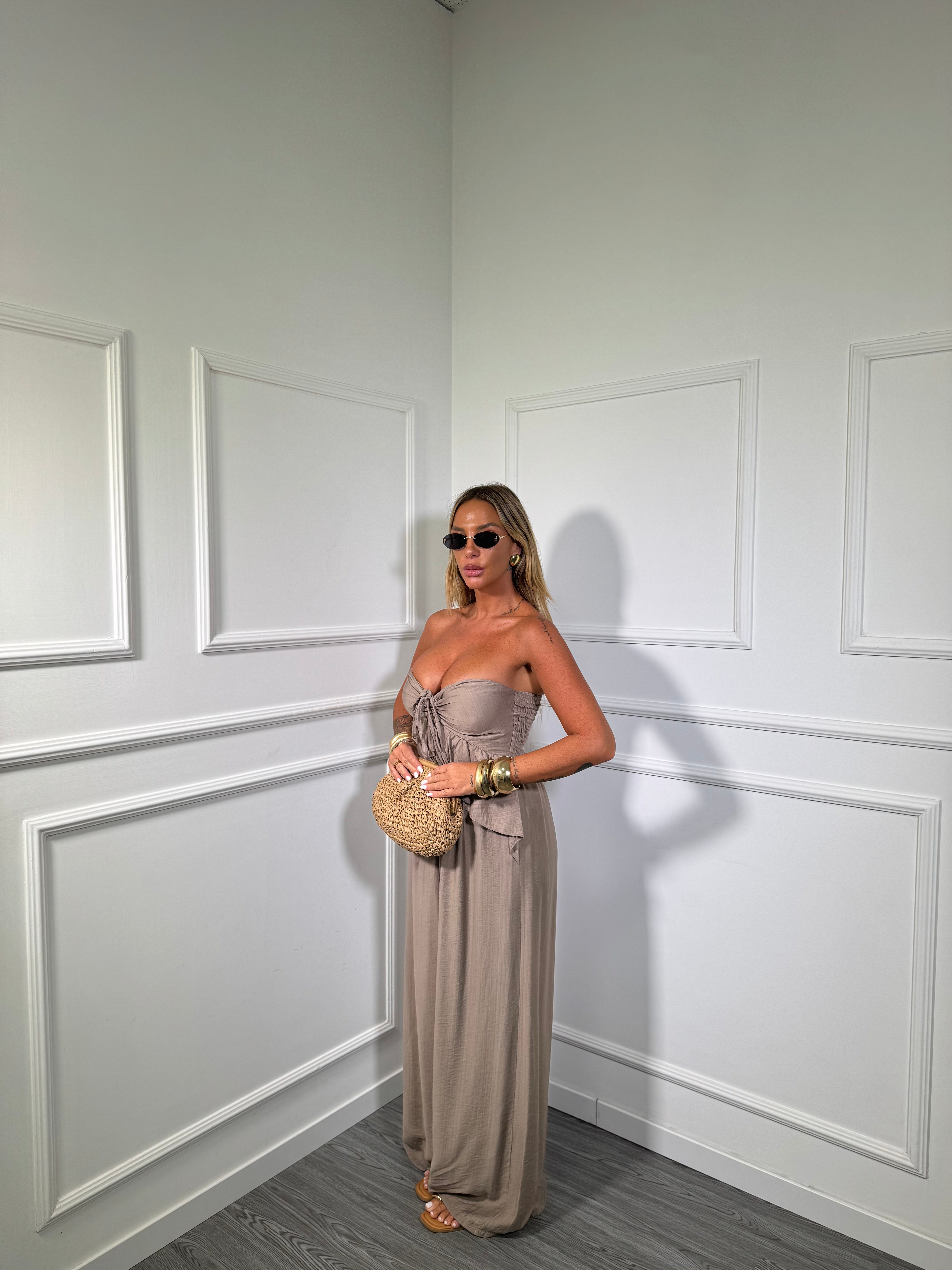 Jumpsuit palazzo in viscosa con rouges taupe 51700