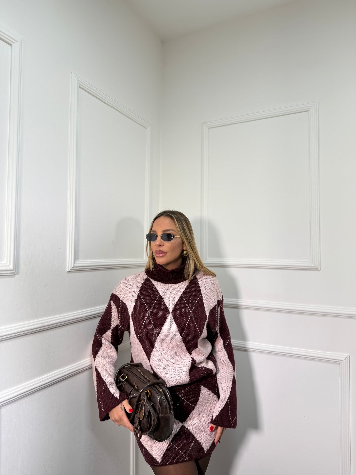 Coordinato rombi in misto lana Ginger bordeaux/rosa 3960