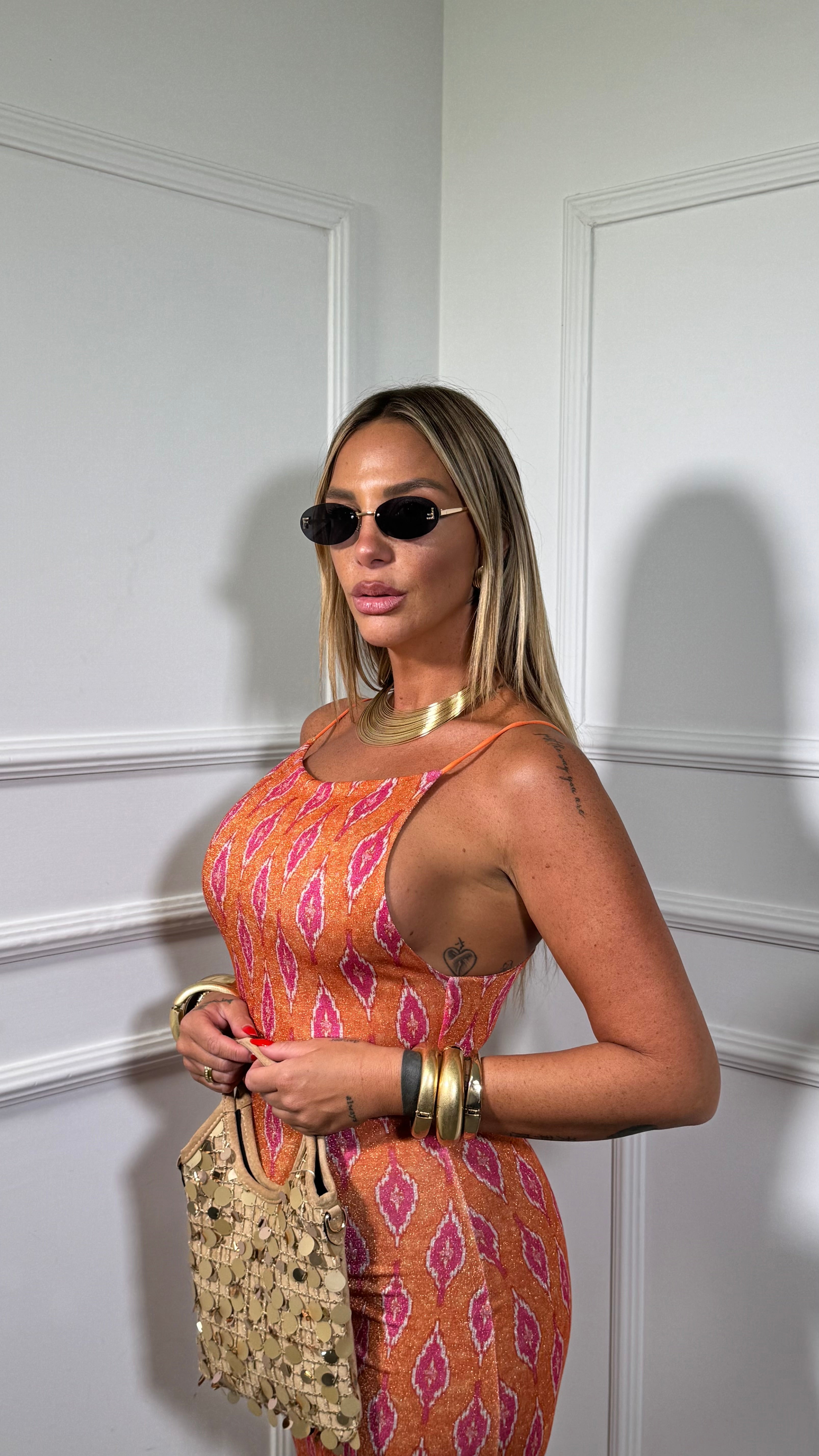 Abito midi in lurex Rombi fondo arancio