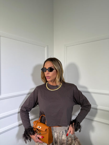 Shirt spalline con piume Francy cacao