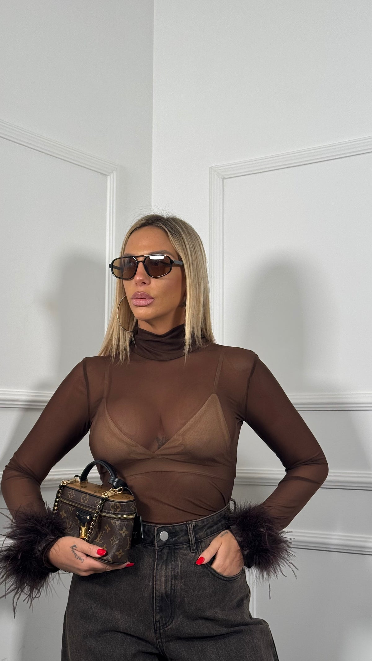 Body velato con piume by lumina cioccolato lc260456a
