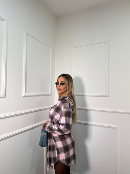 Chemisier in flanella a quadri rosa/cacao 25769