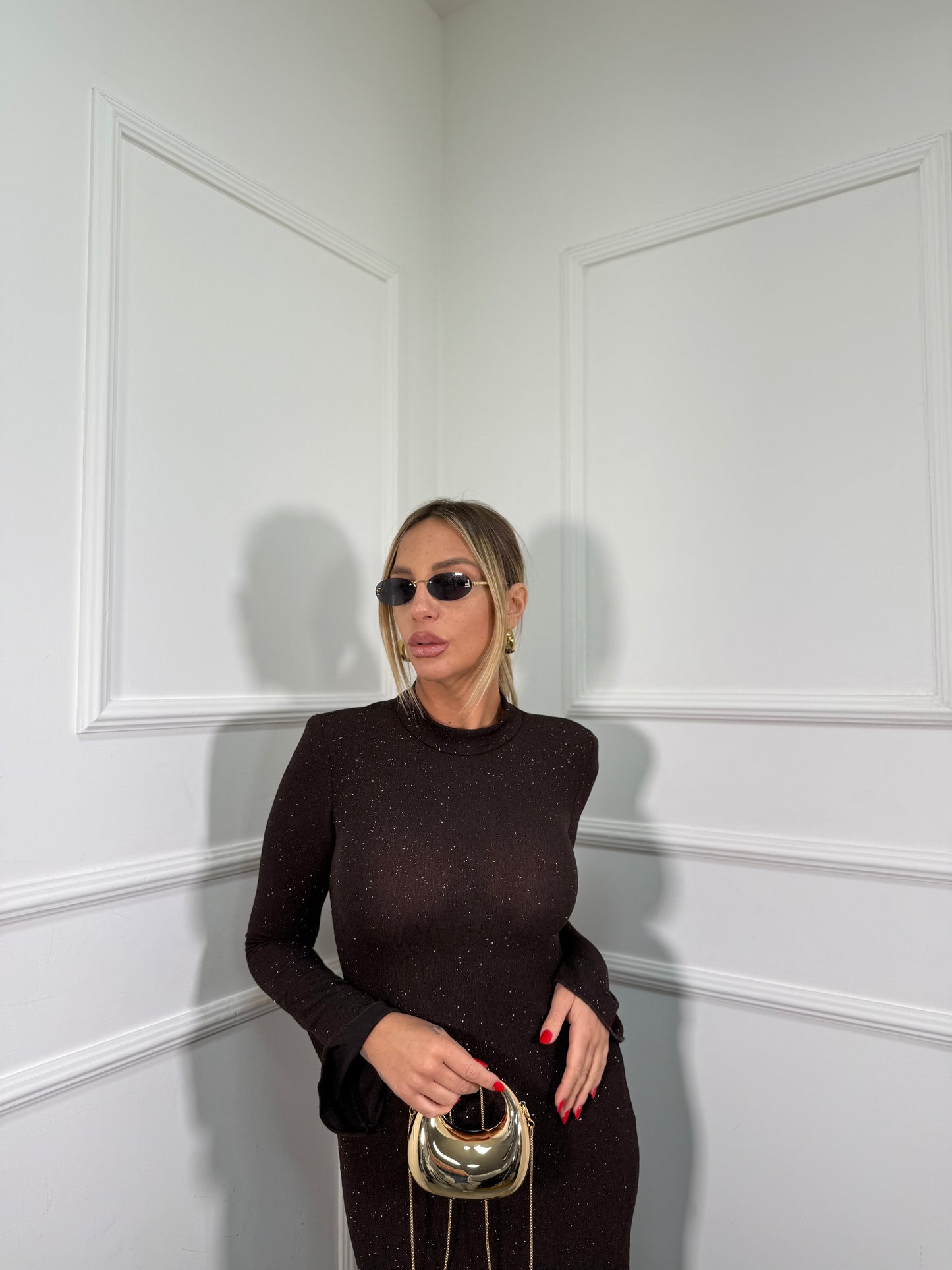 Abito midi in lurex con spalline Zoe cioccolato 12490