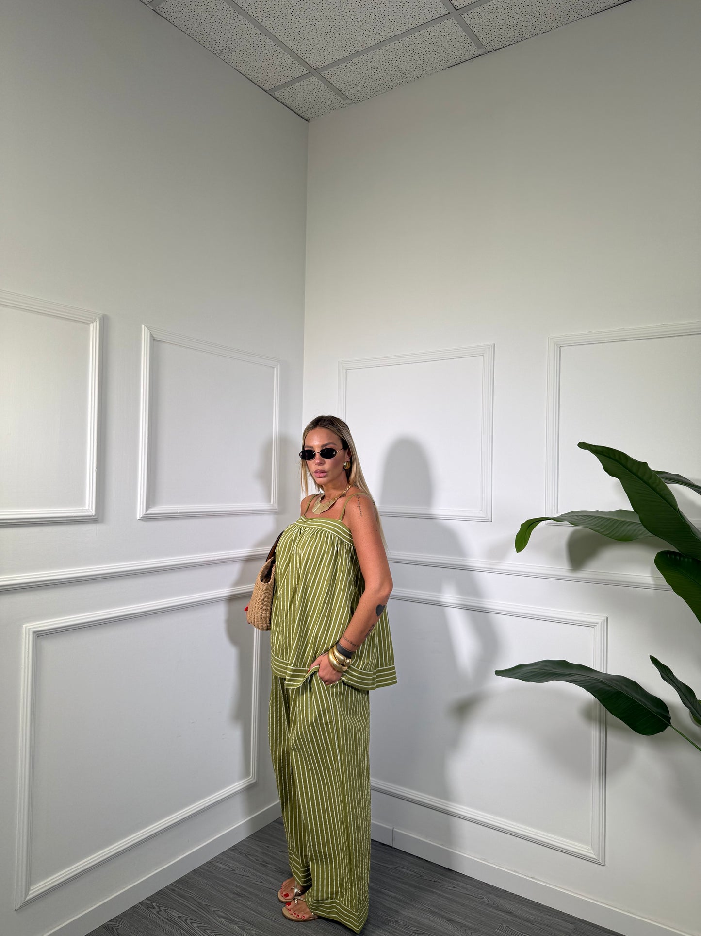 Coordinato in cotone a righe verde pistacchio curvy 268177
