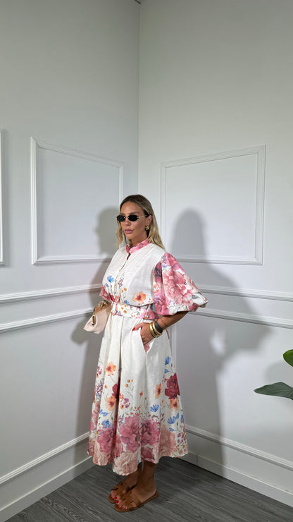 Abito midi misto lino (curvy) floreale fucsia 5102