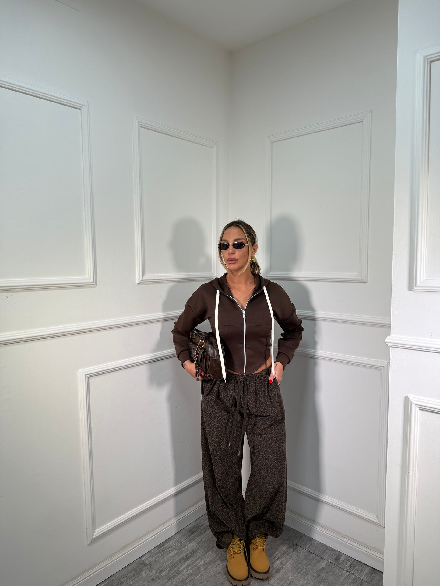 Pantaloni palazzo micro costine maculato marrone 24205