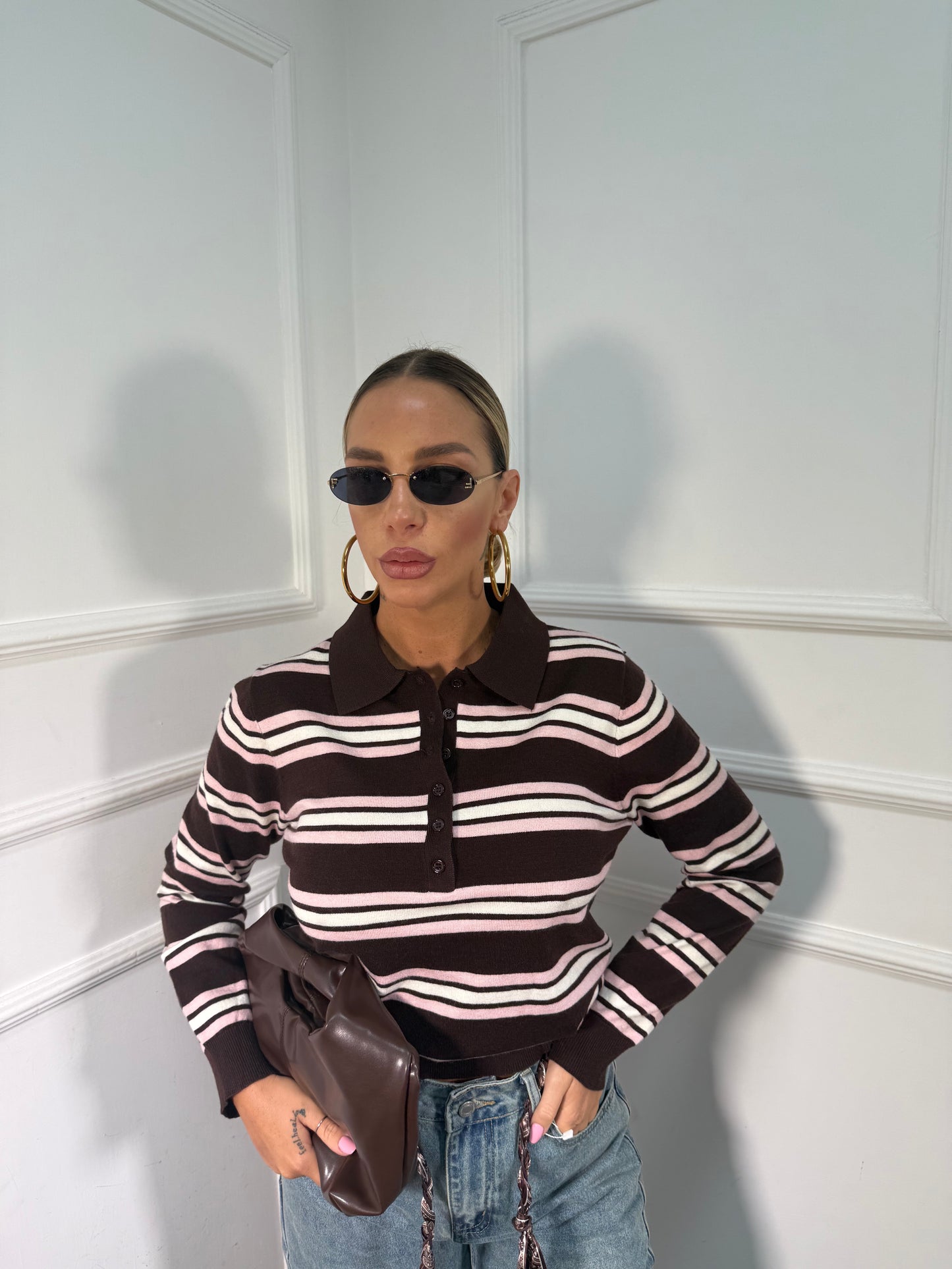 Polo in lana pettinata Connie rosa/cacao ych7138 premium quality