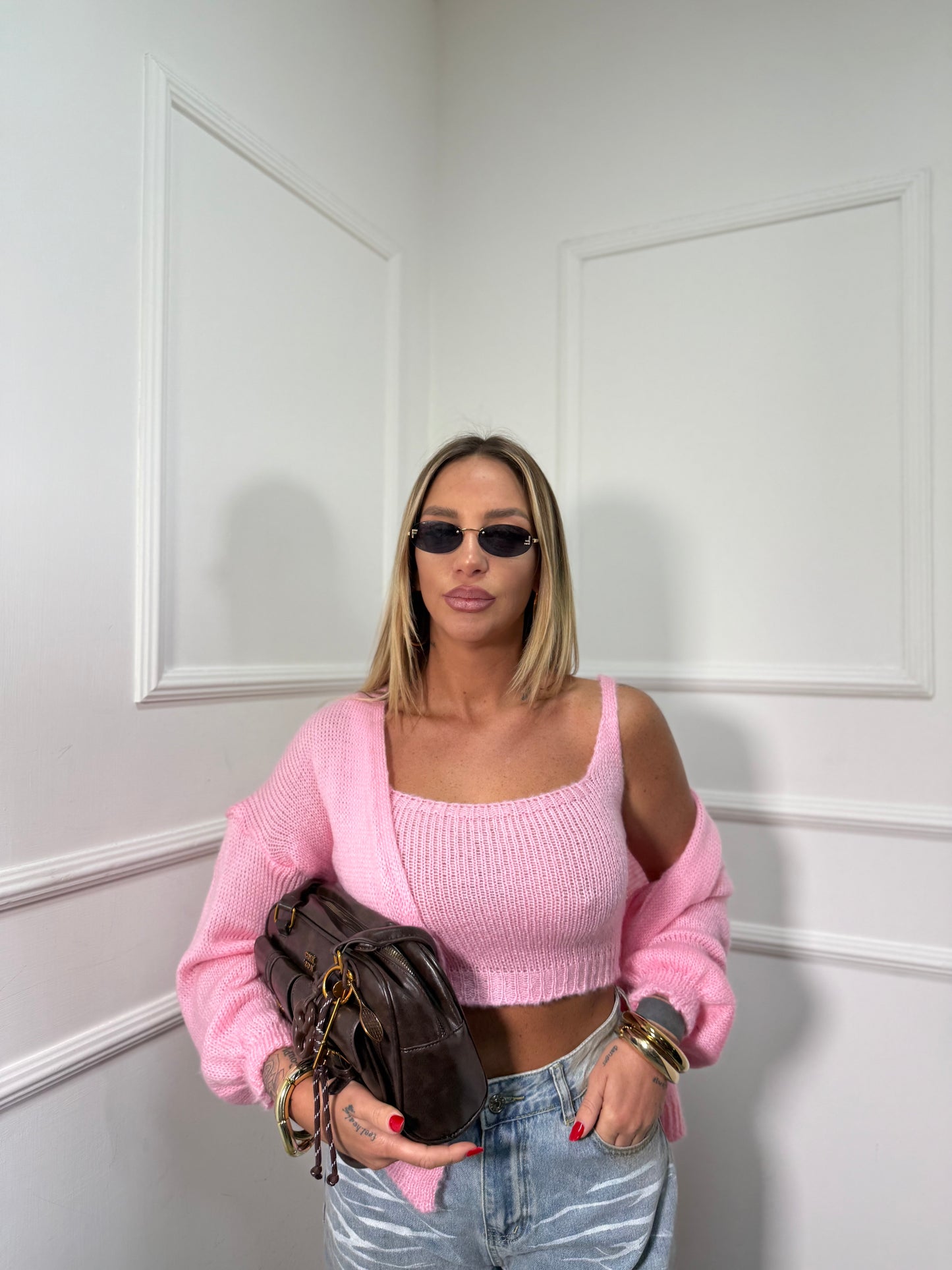 Twin set in lana cotta Bunny rosa barbie