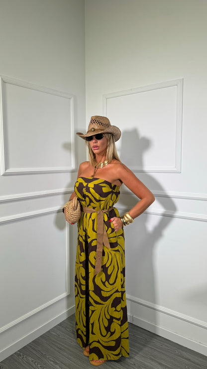 Jumpsuit misto lino fantasia floreale Estrella marrone/verde acido 15530