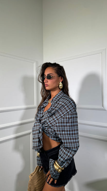 Camicia a quadri con spalline misto lino Aperí cacao/azzurro