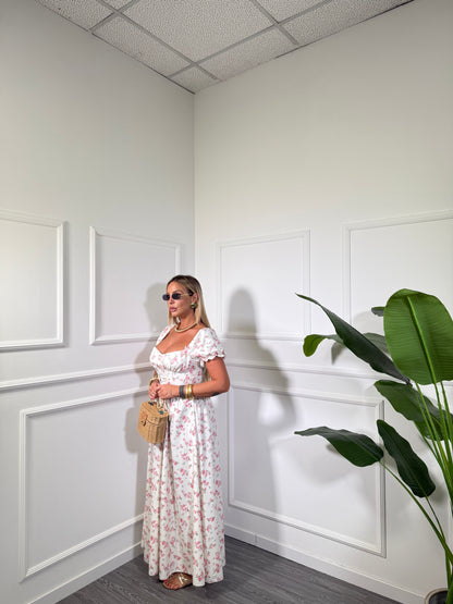 Abito midi a fiori stringato Florinda bianco 47921