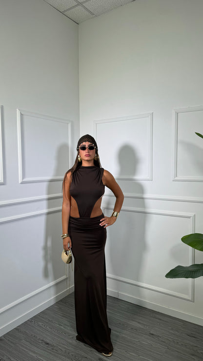 Abito lungo in lycra cut out Malesia cioccolato 2529