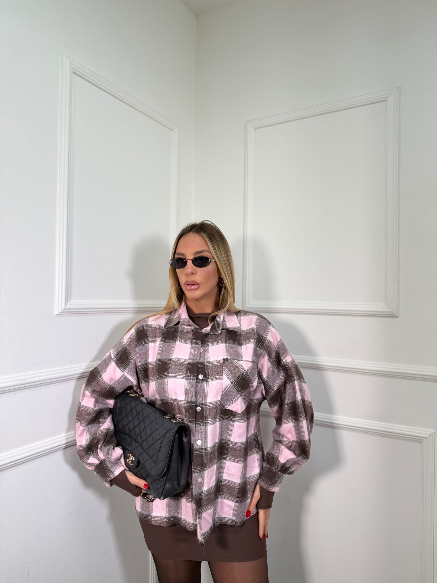 Camicia in flanella manica balloon Living rosa/cacao 24616