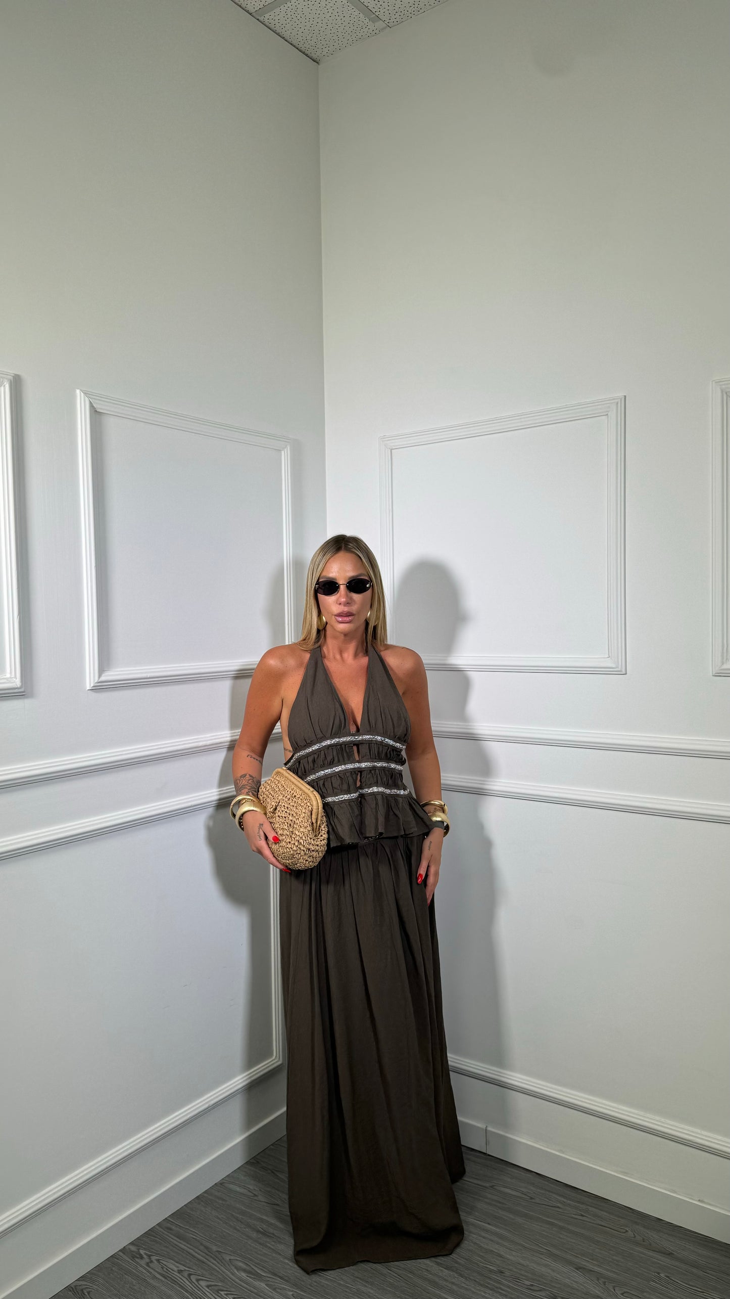 Coordinato misto lino con borchie Lola cioccolato my67038