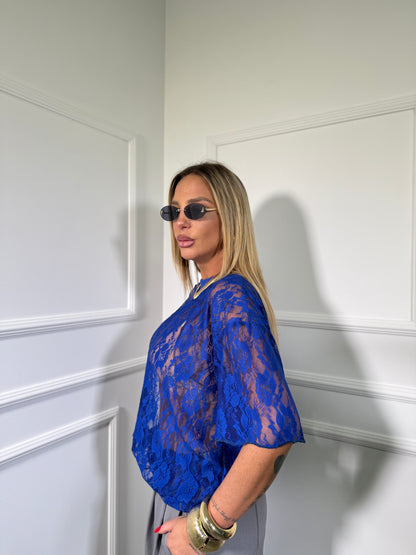 T-shirt oversize in pizzo Manila blu cobalto