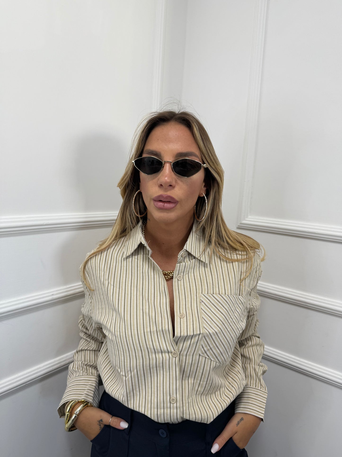 Camicia a righe in cotone English camel 26003