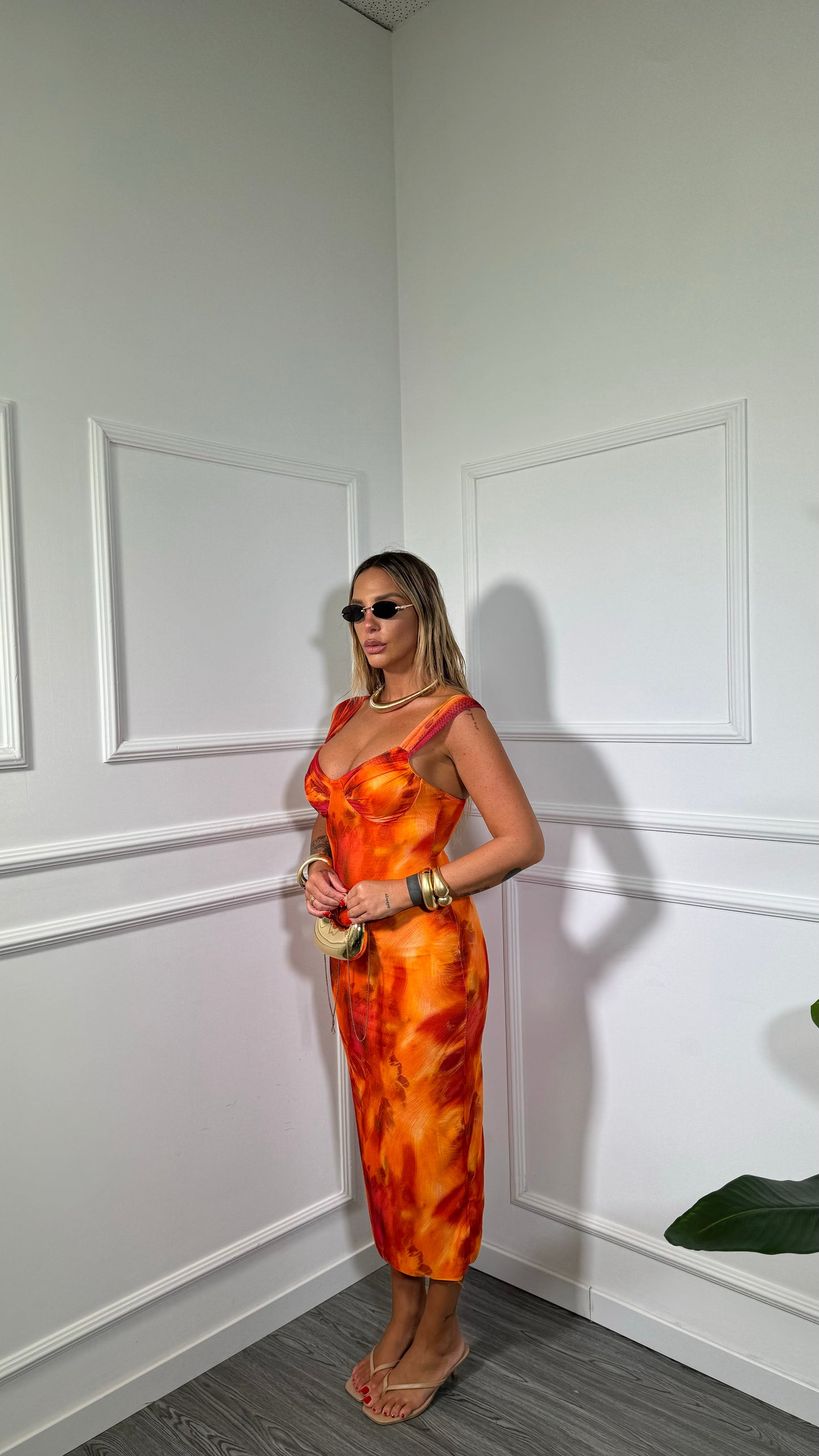 Abito midi a tubino in chiffon tie-dye Saranda arancio 40552
