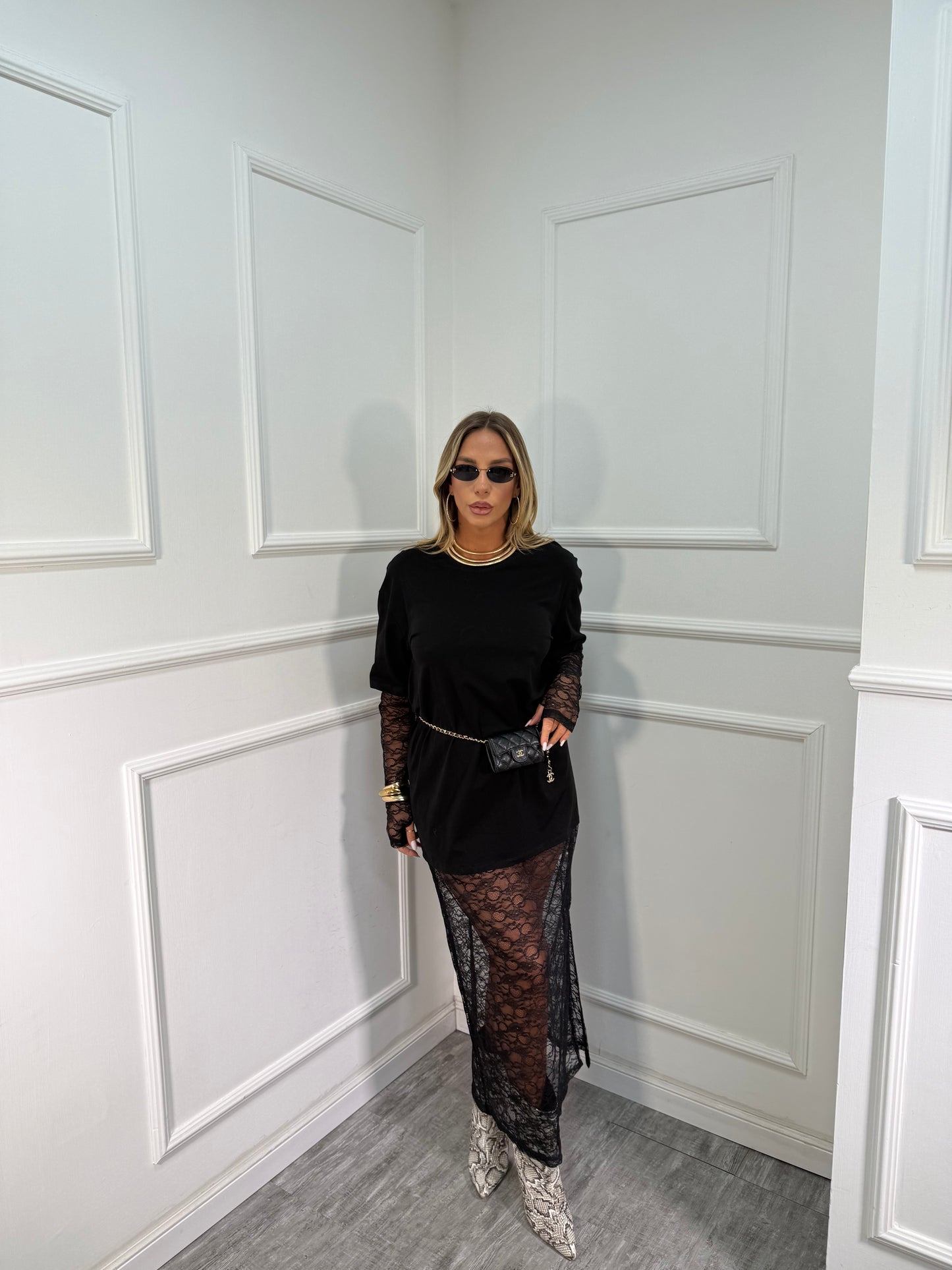 Maxi Abito in pizzo Morgan nero a108251