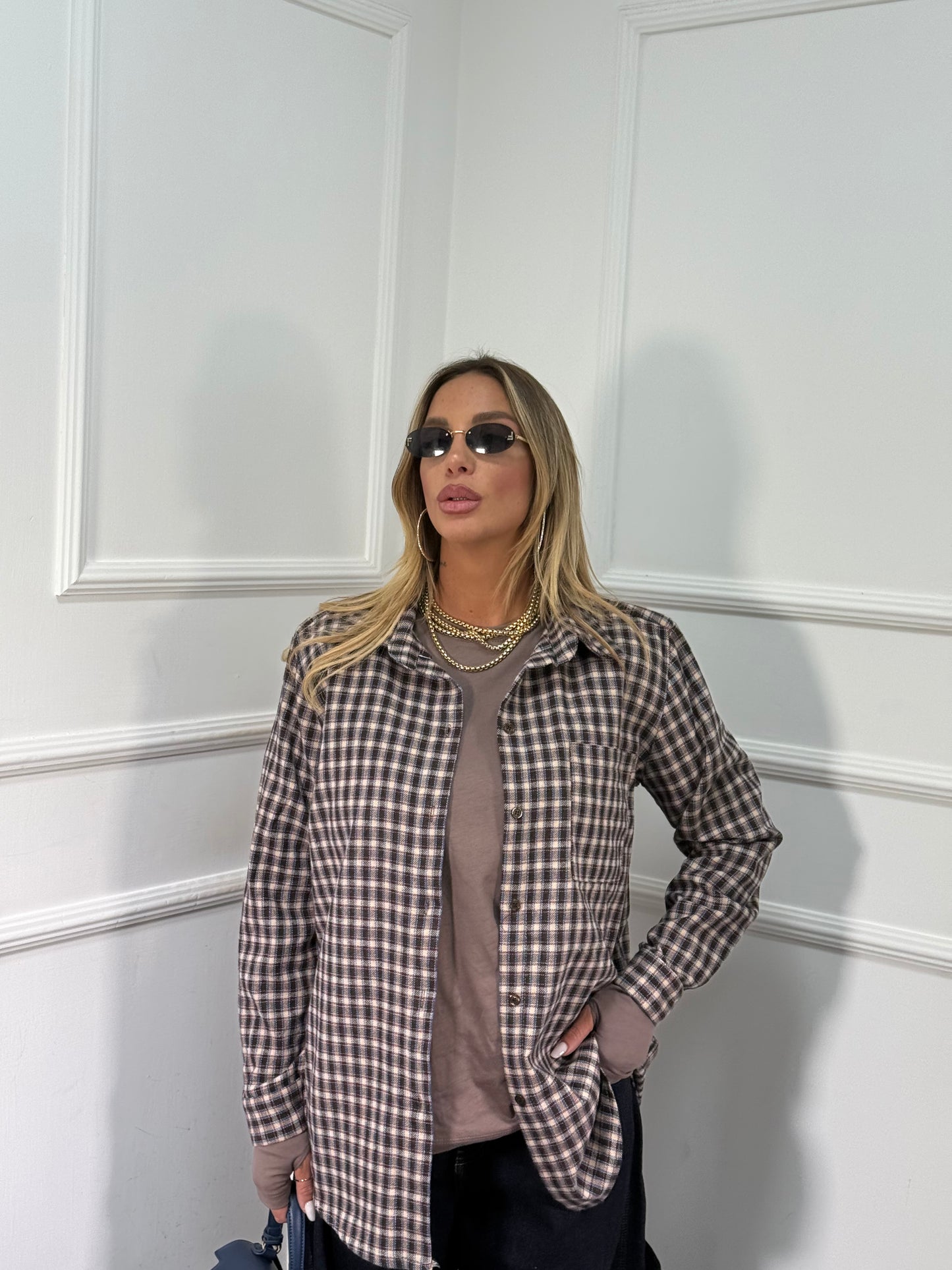 Camicia oversize in flanella con spalline Marshal cacao/azzurra 25762