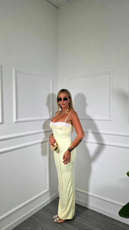 Abito lungo in lycra con pizzo Kendra giallo