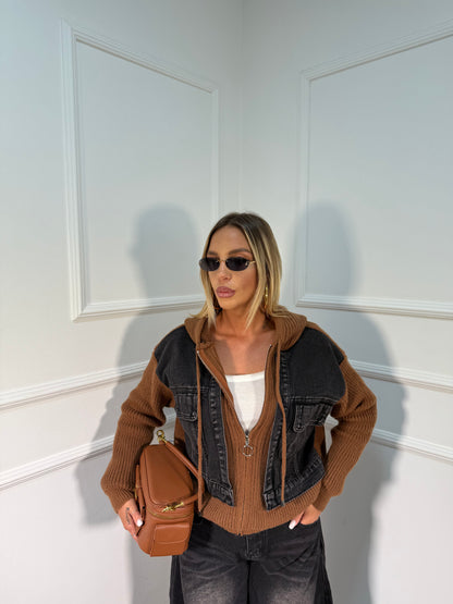 Felpa con zip e finto gilet denim Dawson nero/cacao 0135