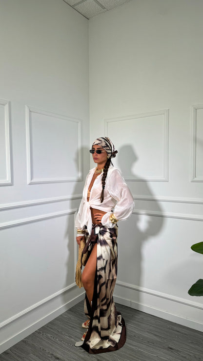 Pareo + bandana in satin zebrata Monte Carlo panna/marrone 37271
