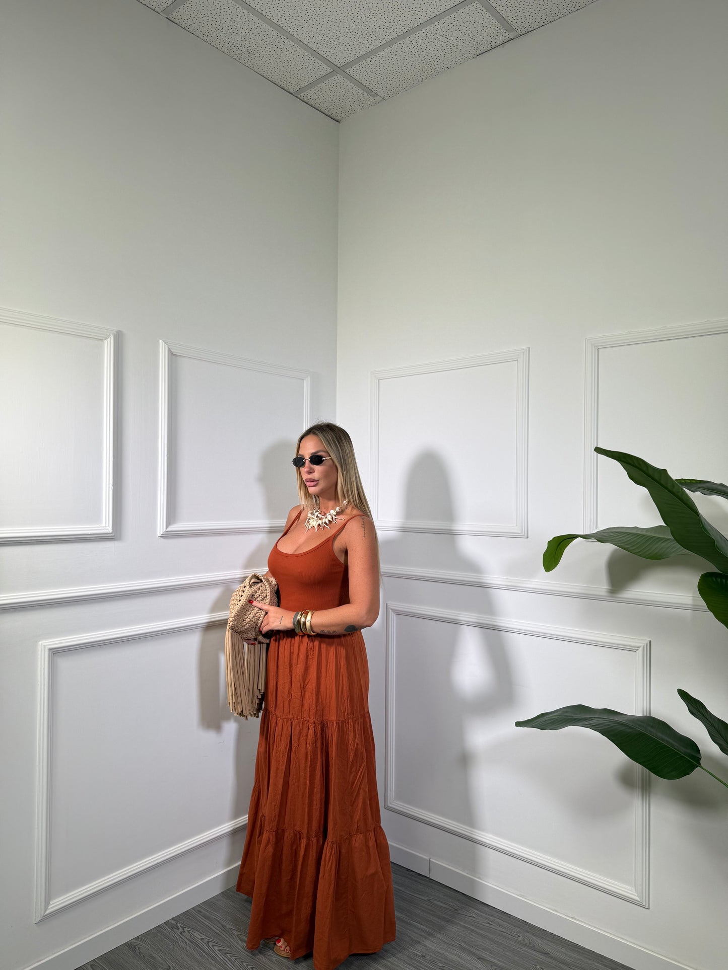Abito midi in cotone con top a costine coccio  26705