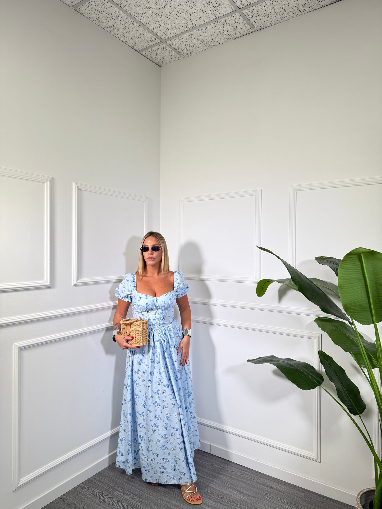 Abito midi a fiori stringato Florinda azzurro 47921