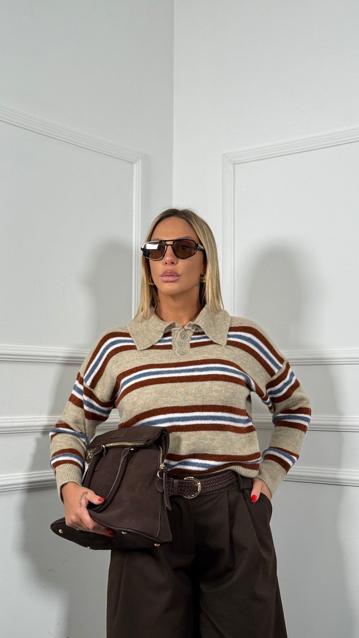 Polo misto lana a righe taupe/ruggine 3318