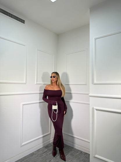 Abito midi in lycra scollo a barca Nilufar borgogna 13351