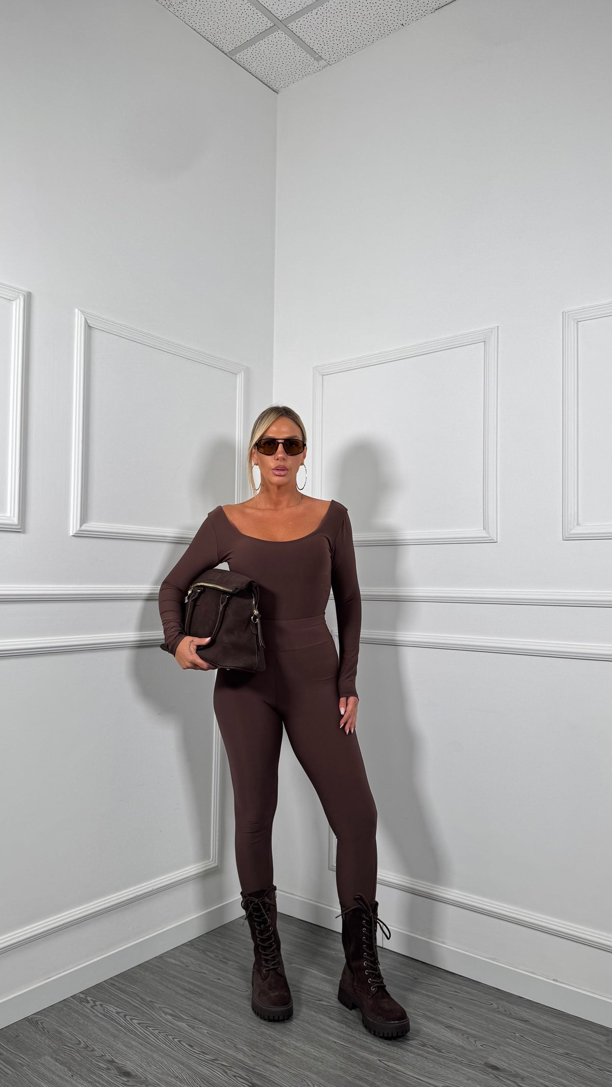 Coordinato in lycra con body Magazine marrone 5660