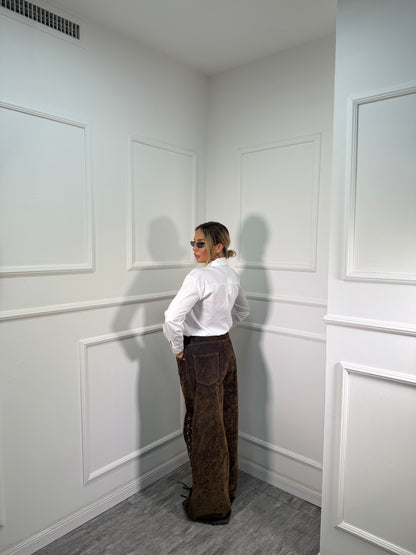 Jeans balloon stringato velluto e denim verde 6633