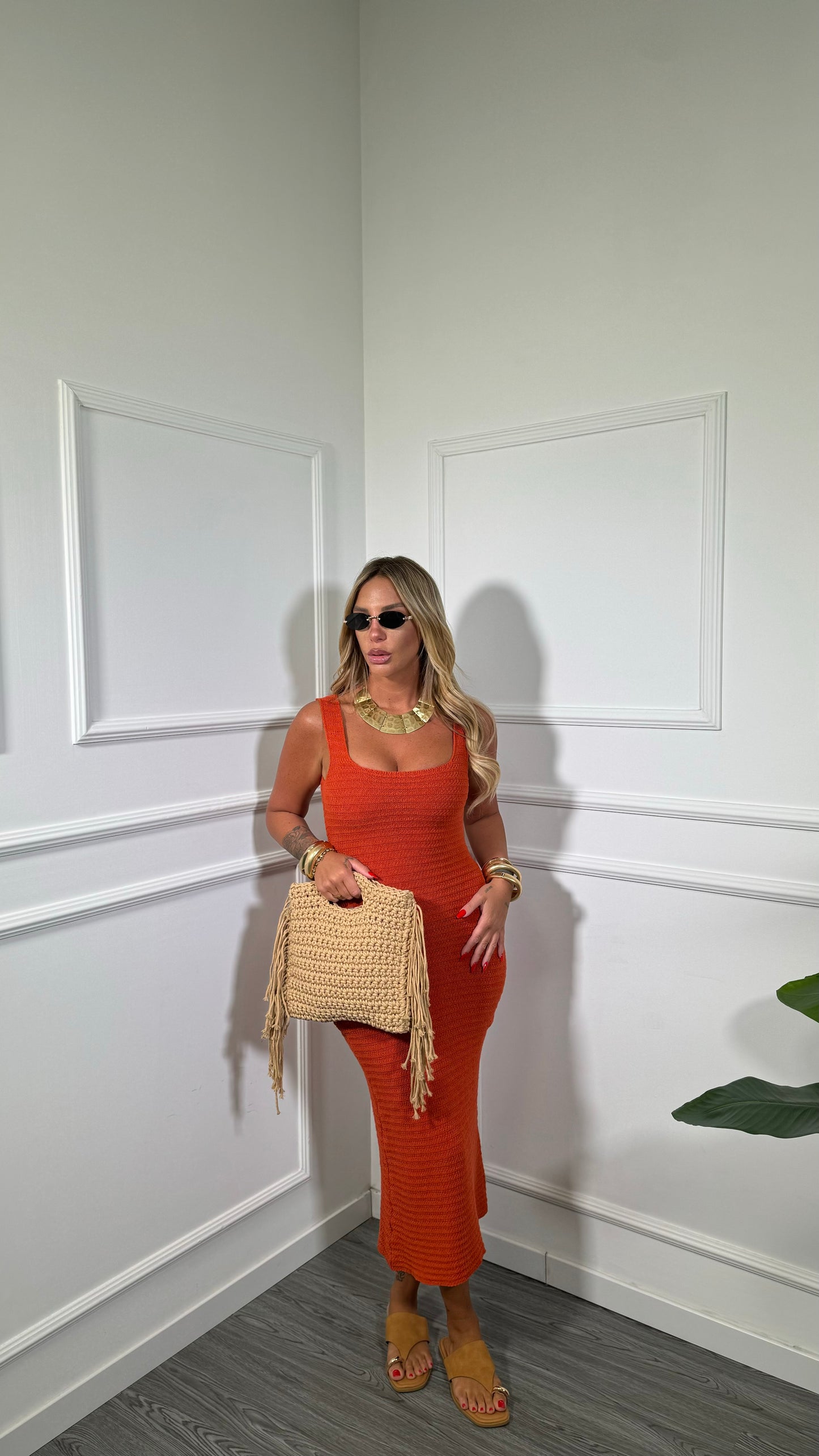 Abito midi in crochet scollo squadrato Dominique arancio