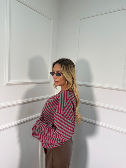 Shirt in cotone garzato manica campana Cindy grigio/bordeaux f1109