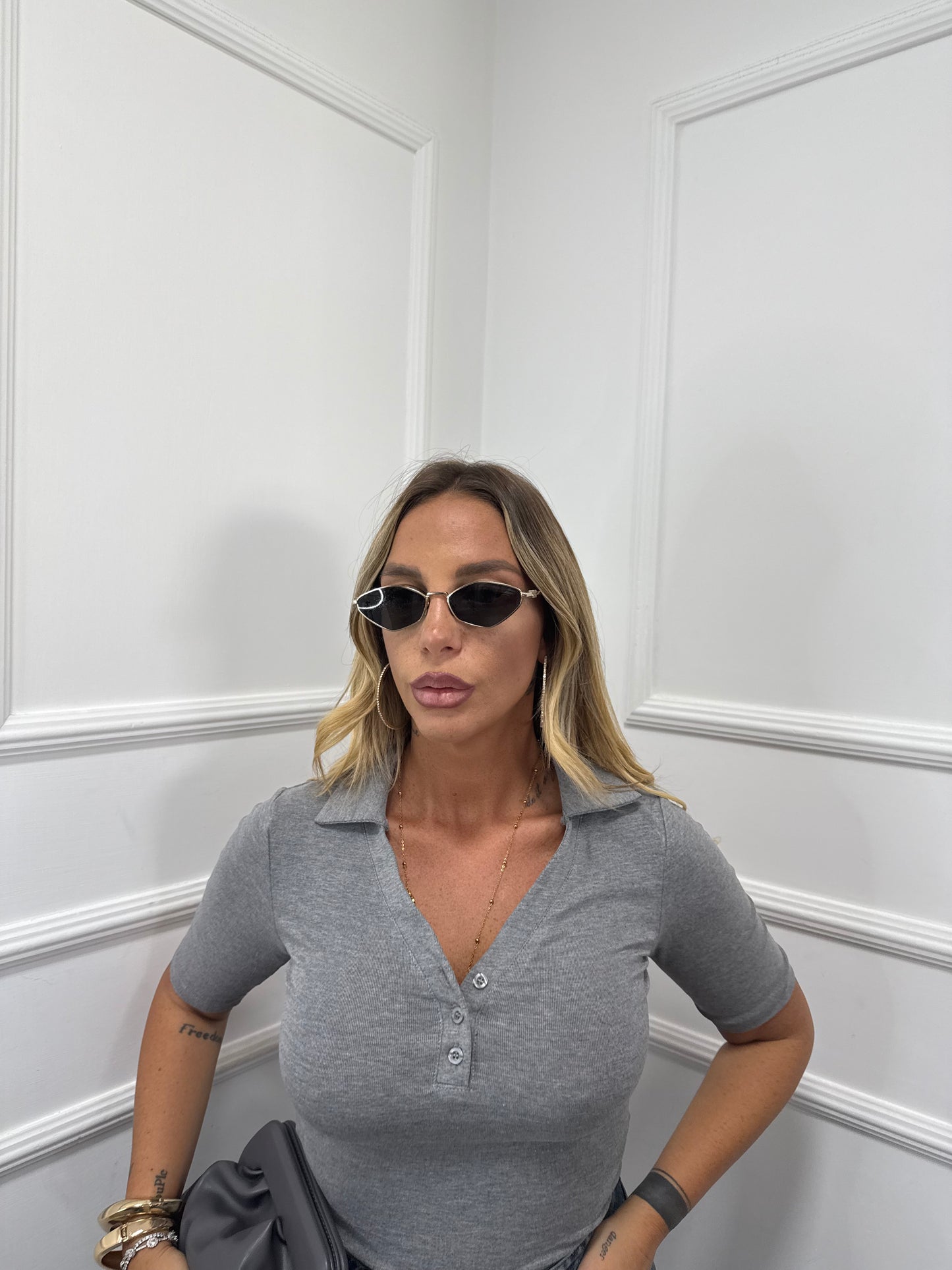 Body polo con manica 3/4 grigio rt107