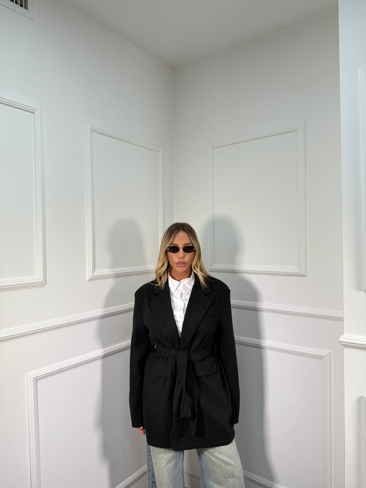 Blazer coat in panno con fusciacca nero 88815