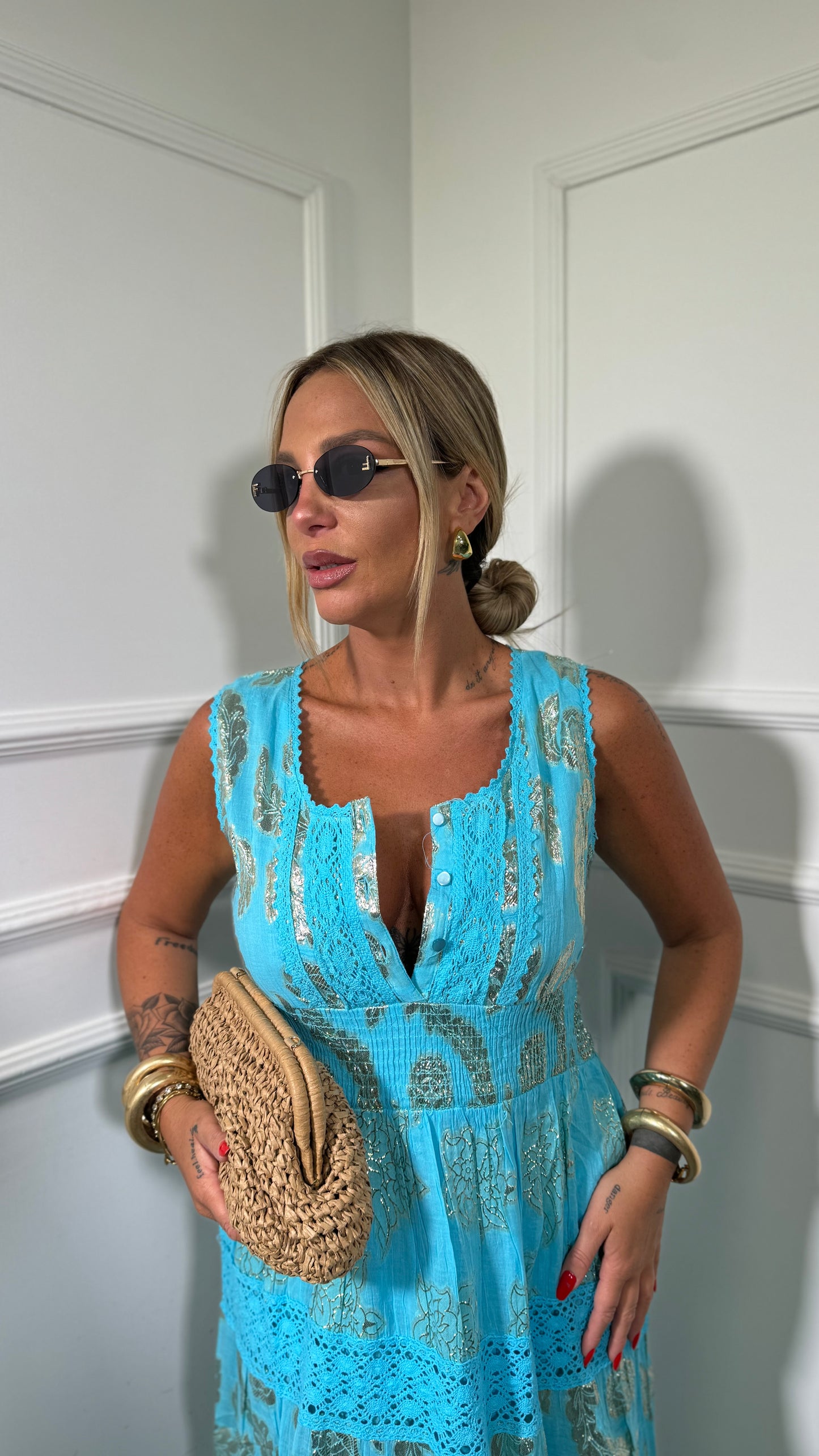 Abito midi in cotone Indiana turchese 2502