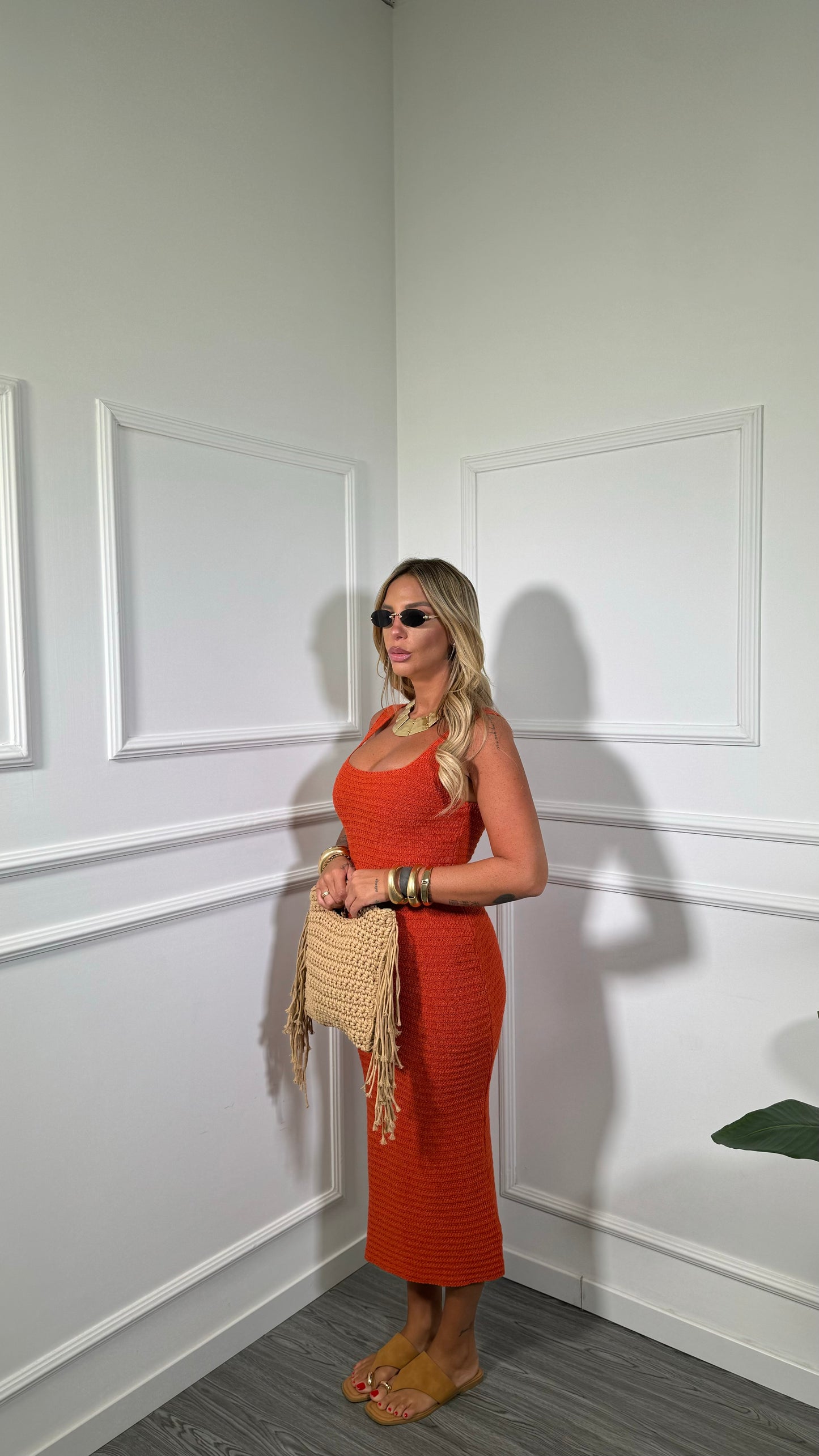 Abito midi in crochet scollo squadrato Dominique arancio
