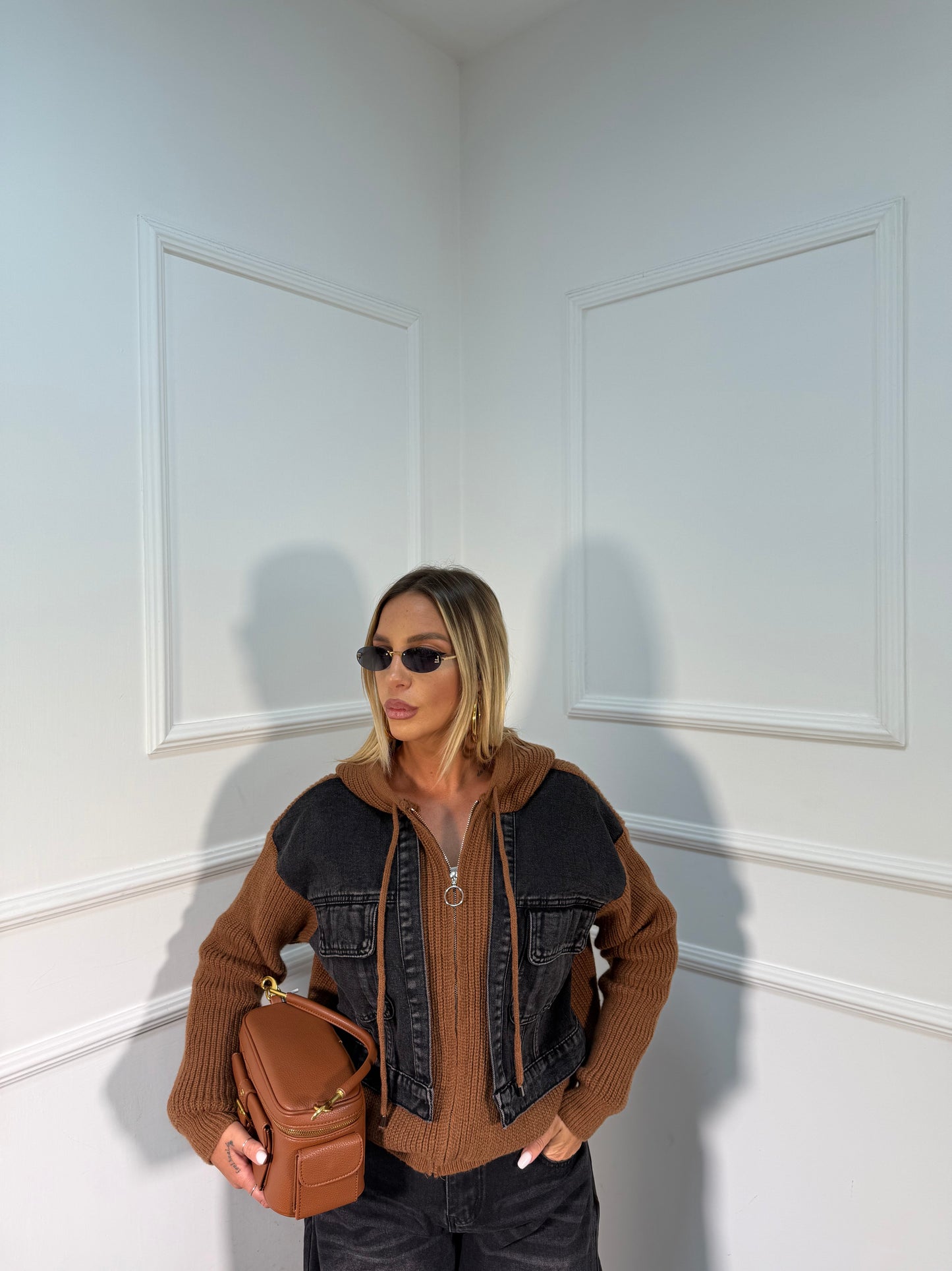 Felpa con zip e finto gilet denim Dawson nero/cacao 0135