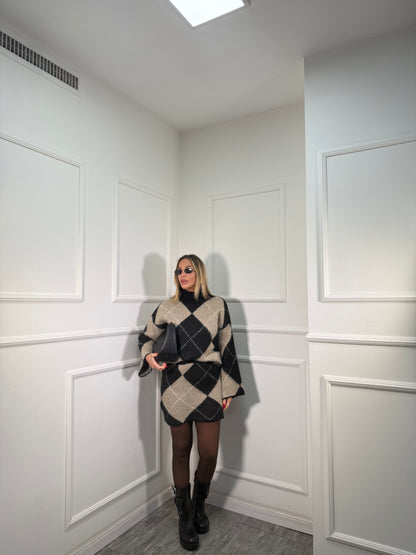 Coordinato rombi in lana cotta Joy nero/beige