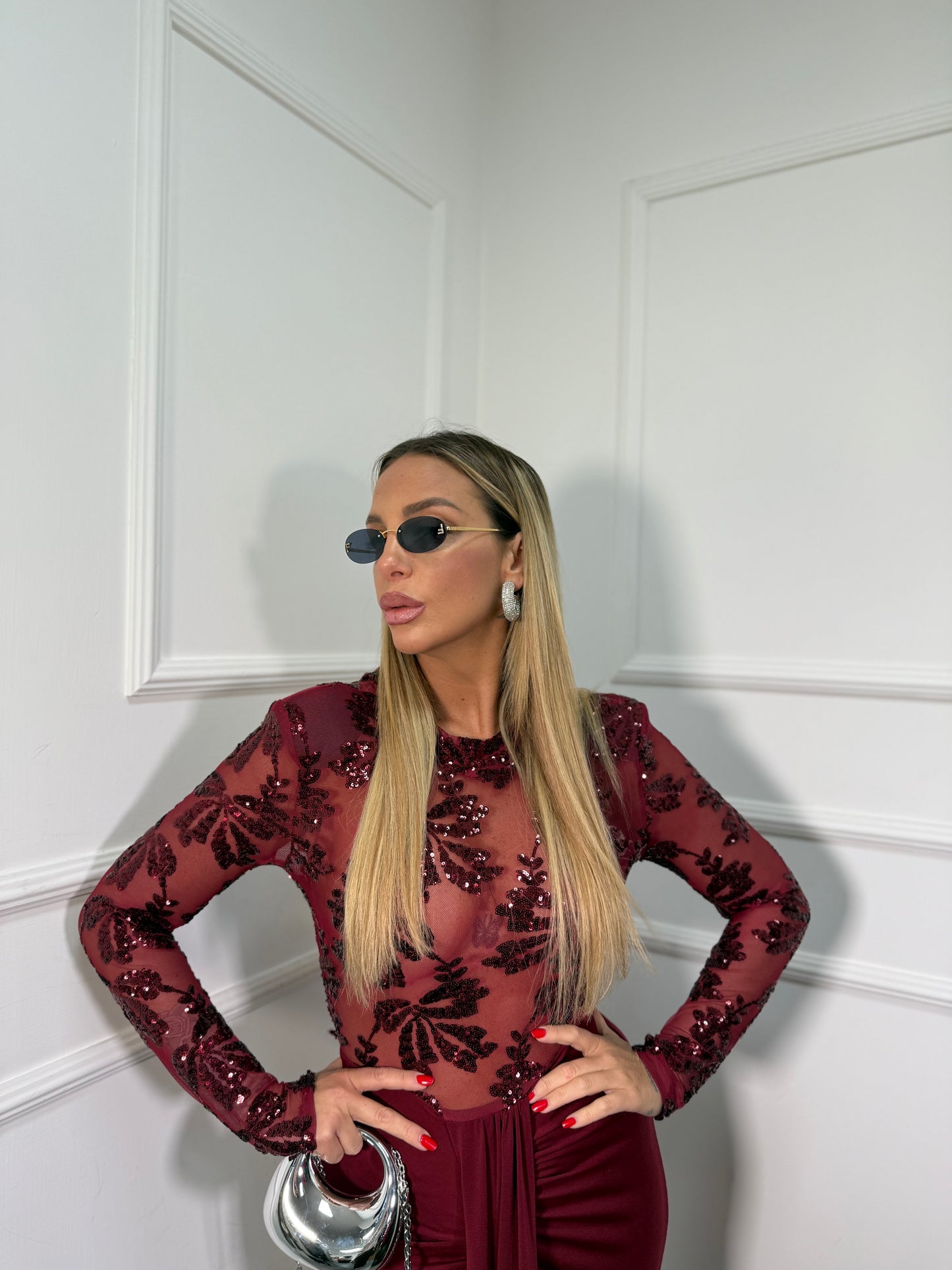 Abito midi con paillettes Samira bordeaux 12295