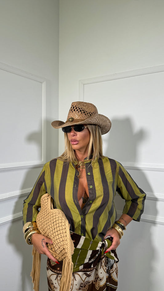 Camicia collo coreana semi velata Jappo marrone/verde acido 20392
